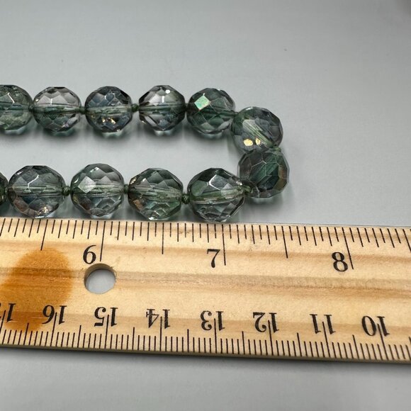 Smoky Gray Green Faceted Bead Necklace Iridescent Glass Statement 14.5 Inch - Picture 6 of 8